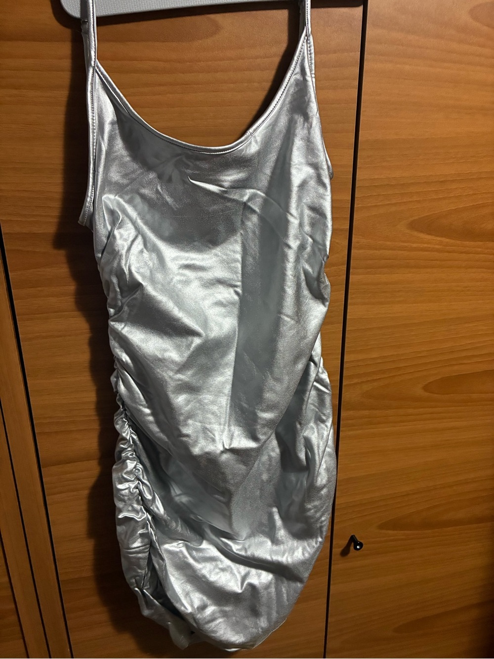 Silver Metallic Ruched Slip Dress